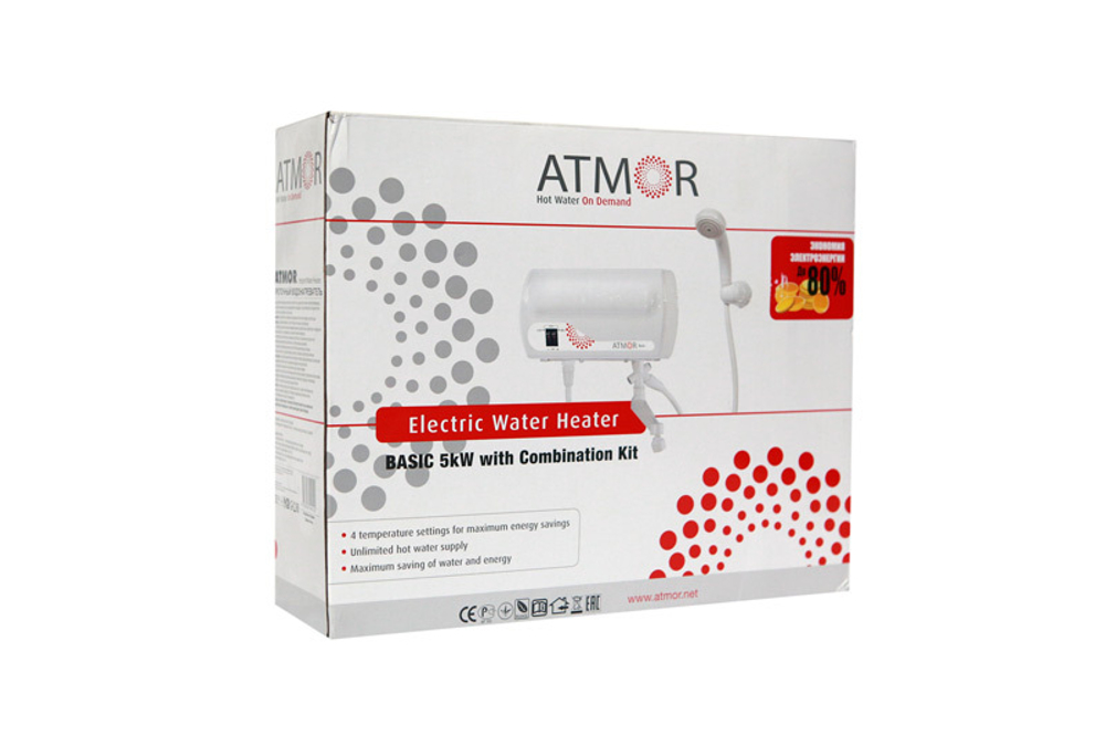 Проточный электрический водонагреватель Atmor BASIC+ 5 кВт душ + кран